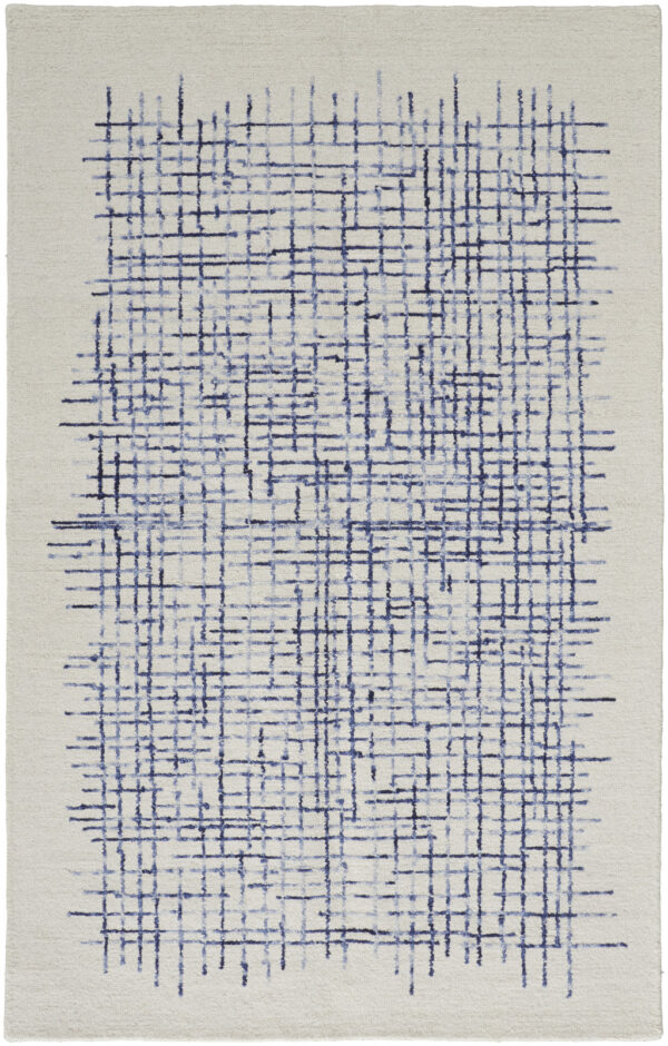 9' X 12' Ivory And Blue Wool Plaid Tufted Handmade Stain Resistant Area Rug