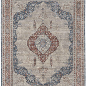7' X 10' Gray Red And Blue Floral Power Loom Stain Resistant Area Rug