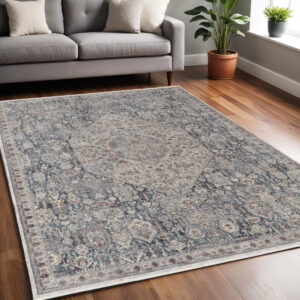 5' X 7' Blue and Ivory Floral Power Loom Area Rug