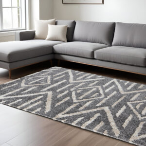 9' X 12' Gray And Ivory Geometric Power Loom Stain Resistant Area Rug