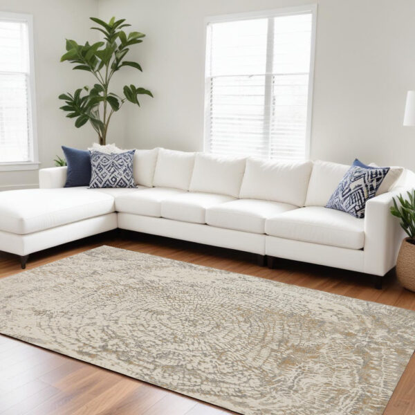 8' X 10' Ivory Tan And Gray Abstract Area Rug