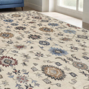 5' X 8' Ivory and Blue Wool Floral Hand Tufted Area Rug