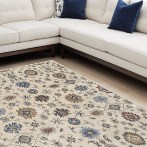 8' X 10' Ivory and Blue Wool Floral Hand Tufted Area Rug