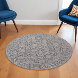 6' Taupe and Ivory Round Floral Power Loom Area Rug