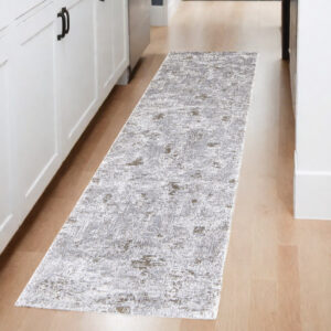 8' Gray And Ivory Abstract Distressed Runner Rug