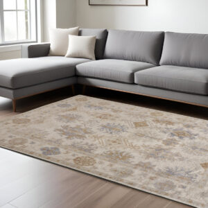 10' X 14' Ivory Tan And Blue Floral Hand Knotted Stain Resistant Area Rug