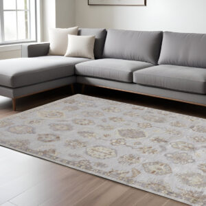 8' X 10' Ivory Silver And Tan Floral Hand Knotted Stain Resistant Area Rug