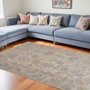 8' X 10' Blue and Ivory Floral Hand Knotted Area Rug