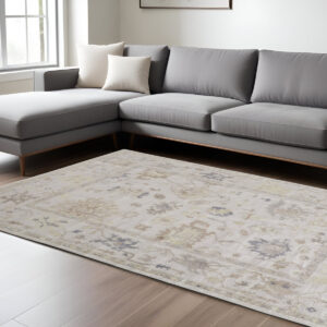 8' X 10' Tan Ivory And Orange Floral Hand Knotted Stain Resistant Area Rug