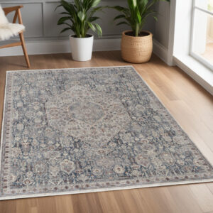 4' X 6' Blue and Ivory Floral Power Loom Area Rug