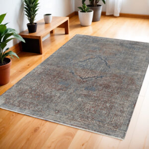 4' X 6' Blue Red And Gray Floral Power Loom Stain Resistant Area Rug