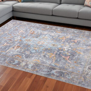 9' X 12' Blue Gray And Orange Floral Area Rug