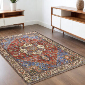 4' X 6' Blue Red And Ivory Floral Area Rug