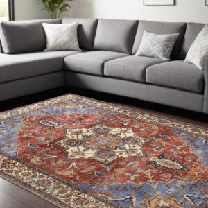 8' X 10' Blue Red And Ivory Floral Area Rug