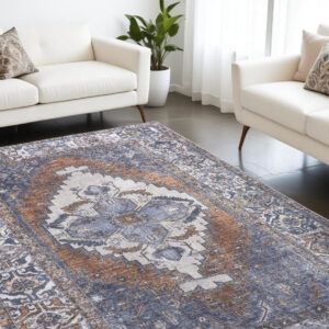 8' X 10' Blue Ivory And Brown Floral Area Rug