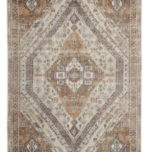 5' X 8' Ivory Blue and Orange Medallion Distressed Washable Area Rug