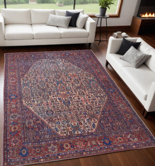 5' X 8' Red Tan And Blue Floral Power Loom Area Rug