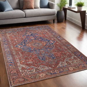 5' X 8' Red Tan And Blue Floral Power Loom Area Rug