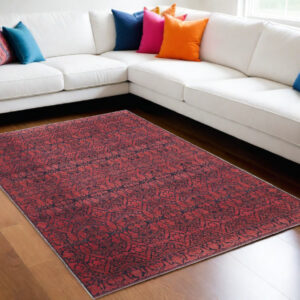9' X 12' Red And Black Floral Power Loom Area Rug