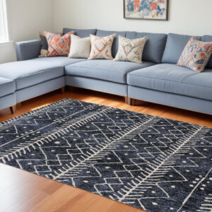 8' X 10' Blue And Ivory Striped Stain Resistant Area Rug