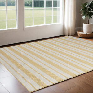 2' X 3' Yellow And Ivory Striped Dhurrie Hand Woven Stain Resistant Area Rug