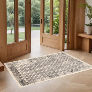 2' X 3' Ivory Black And Taupe Abstract Stain Resistant Area Rug
