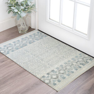2' X 3' Ivory and Blue Geometric Hand Knotted Area Rug