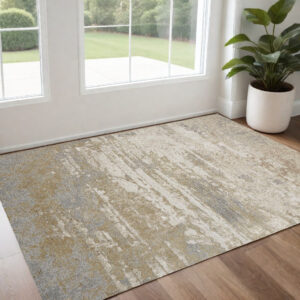 2' X 3' Ivory Gold And Gray Abstract Stain Resistant Area Rug