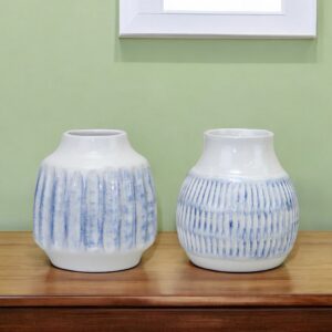 Set of Two White and Blue Ceramic Striped Round Table Vase