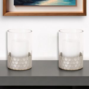 Set of Two Clear and Silver Glass Geometric Tabletop Pillar Candle Holders