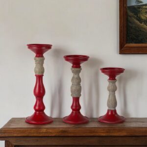 Set of Three Red and Natural Resin Ornate Tabletop Pillar Candle Holders