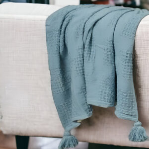 50" X 60" Blue Woven Cotton Throw Blanket with Tassels