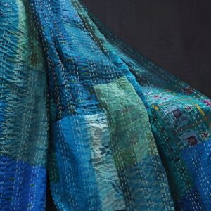 70" X 50" Blue Kantha Silk Patchwork Throw Blanket with Embroidery