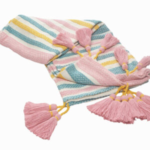 60" X 50" Blue and Pink Woven Cotton Striped Throw Blanket with Tassels
