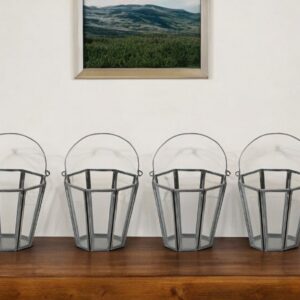 Set of Four Gray Iron and Glass Geometric Tabletop Votive Candle Holders
