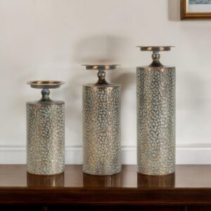 Set of Three Bronze Metal Abstract Floor Pillar Candle Holders