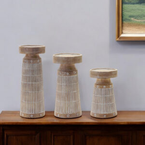 Set of Three Natural and White Polyresin Geometric Tabletop Pillar Candle Holders