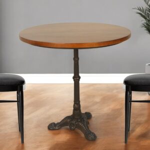 30" Chestnut And Black Rounded Solid Wood And Iron Pedestal Base Dining Table