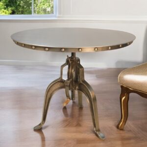 Adjustable Height Antiqued Nickel Three Leg Base Round Top Dining Table