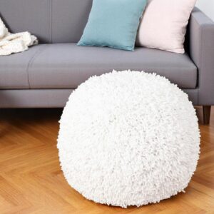 20" Cream Cotton Tufted Round Geometric Pouf Ottoman