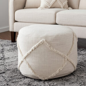 18" Cream Cotton Cylinder Geometric Pouf Ottoman