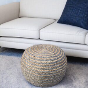 20" Gray Cotton Blend Round Striped Pouf Ottoman