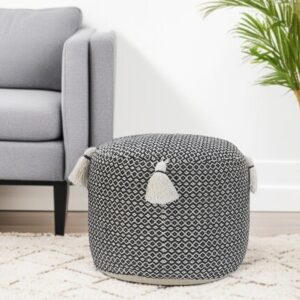 18" Black Cotton Cylinder Geometric Pouf Ottoman