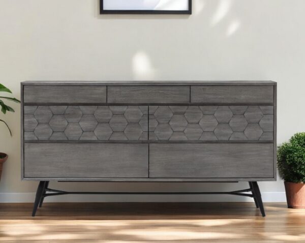 61" Gray Solid Wood Six Drawer Double Dresser
