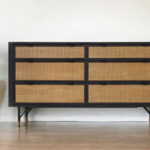 61" Natural and Black Solid Wood Six Drawer Double Dresser