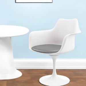 White Heavy Duty Plastic Swivel Dining Arm Chair With Gray Faux Leather Cushion