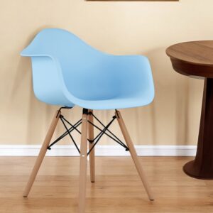 Blue And Natural Heavy Duty Plastic And Solid Wood Dining Arm Chair
