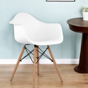 White And Natural Heavy Duty Plastic And Solid Wood Dining Arm Chair