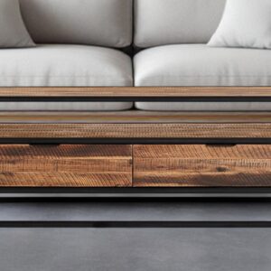 50" Brown And Black Solid Wood And Metal Coffee Table With Two Drawers And Shelf