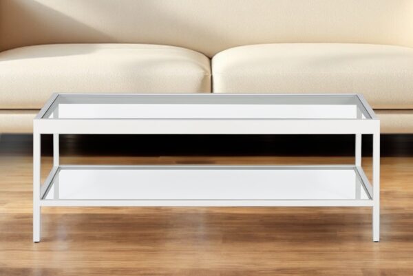 45" Clear Glass And White Steel Coffee Table With Shelf